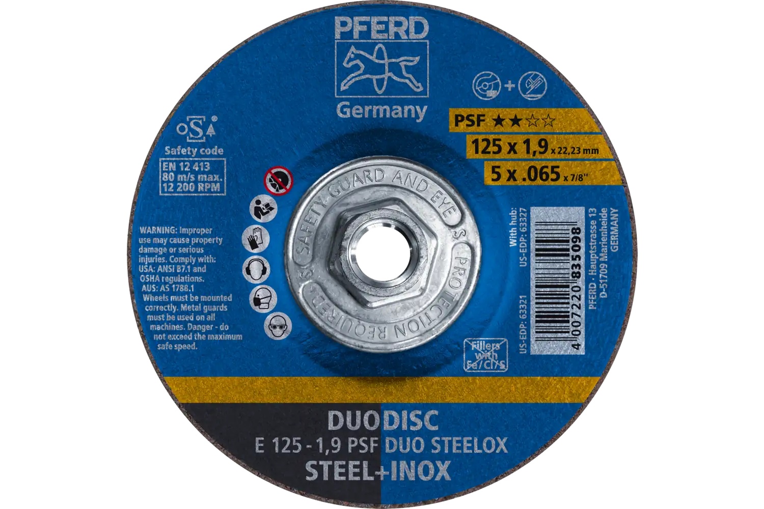 Picture of Pferd Combination Wheel, 5" X .065 X 5/8-11, Psf Duodisc Steelox, T27, Aluminum Oxide